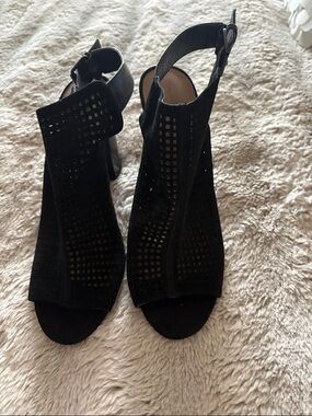 Tahari Black Perforated Open-Toe Block Heel Booties